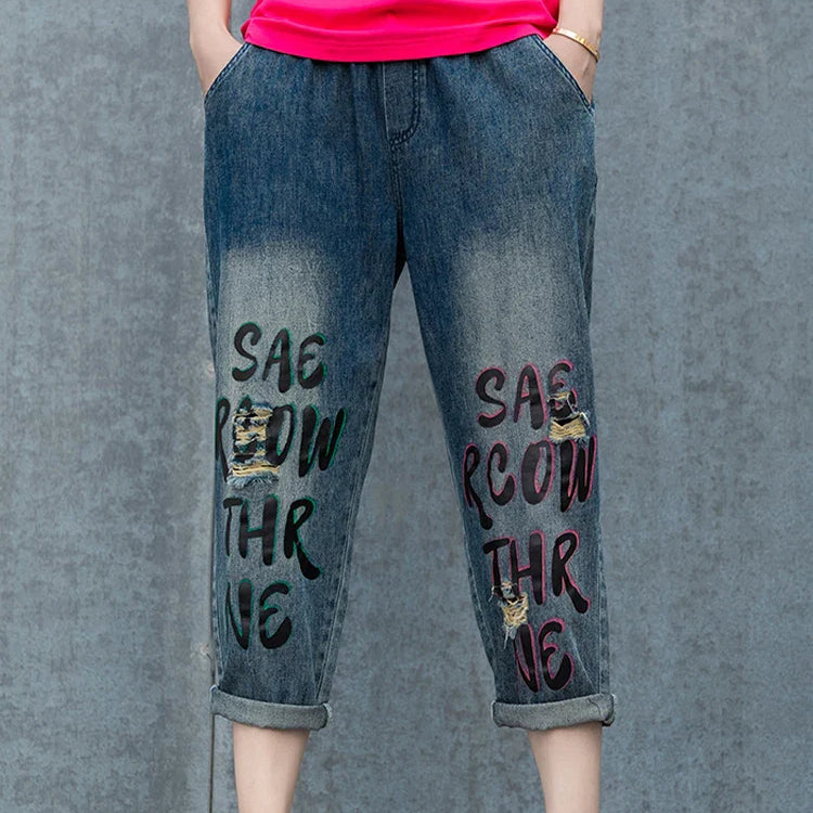 Max LuLu Spring Korean Loose Denim Pants Ladies Printed Classic Casual Elastic Jeans Womens Harajuku Vintage Harem Trousers Blue CHINA