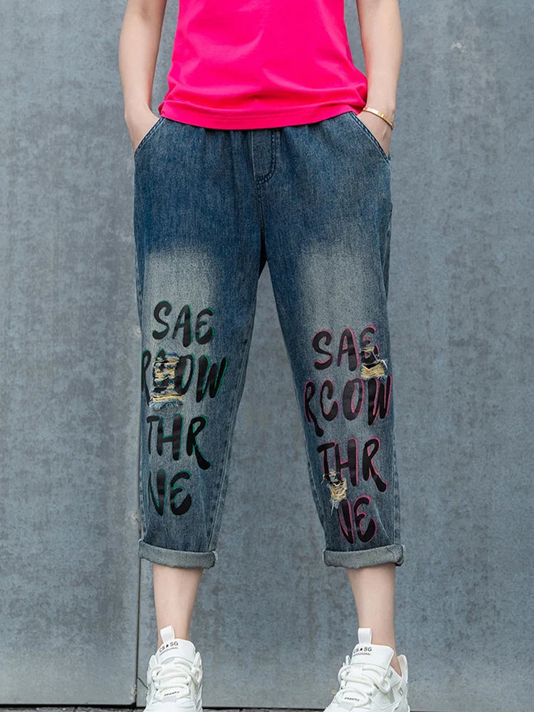 Max LuLu Spring Korean Loose Denim Pants Ladies Printed Classic Casual Elastic Jeans Womens Harajuku Vintage Harem Trousers Blue CHINA