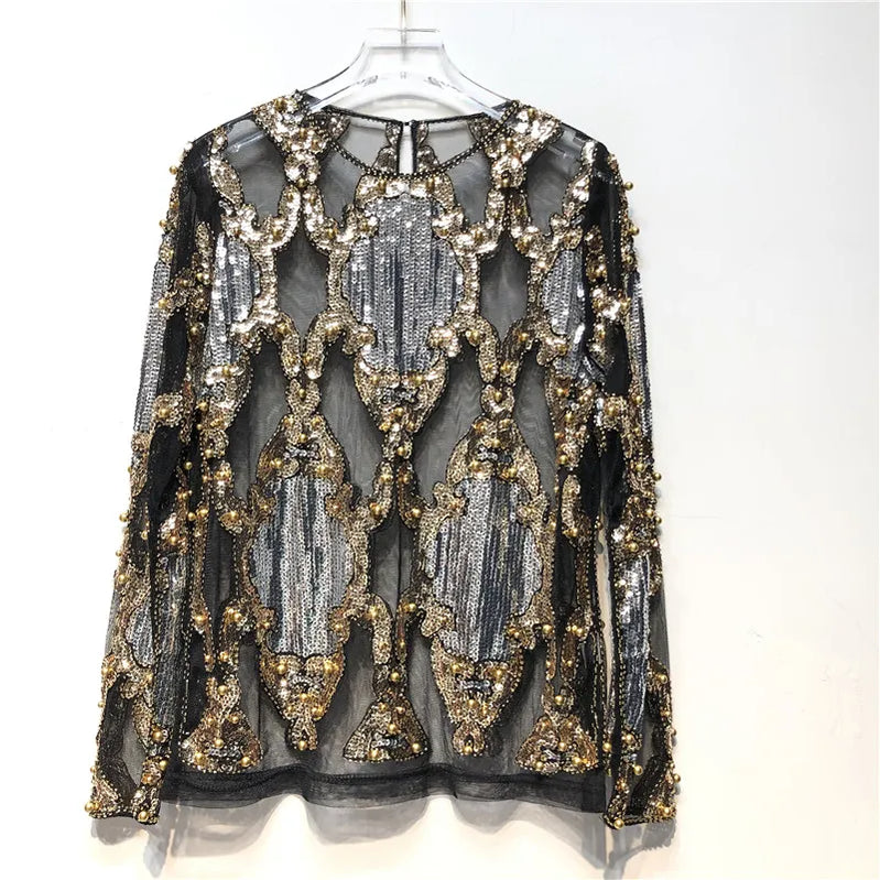 Luxury Women Crystal Sequins Embroidery Top Lace Geometric Heavy Beads Shirts Sexy Blusas Camisa Clubs Hollow Tops black