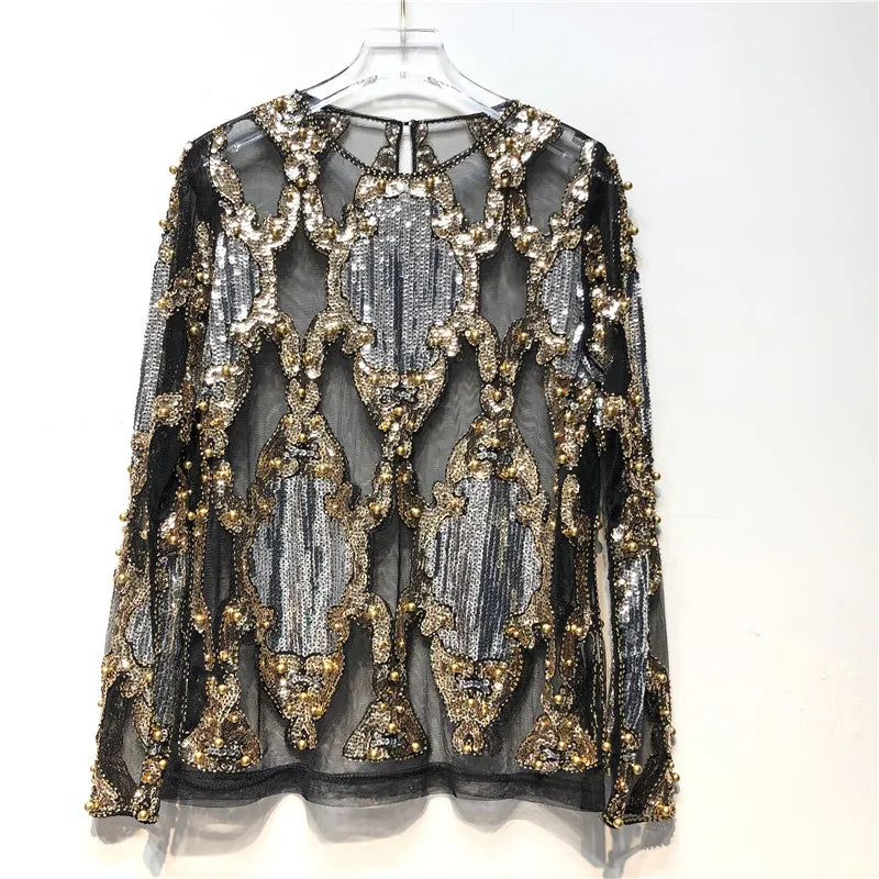 Luxury Women Crystal Sequins Embroidery Top Lace Geometric Heavy Beads Shirts Sexy Blusas Camisa Clubs Hollow Tops black