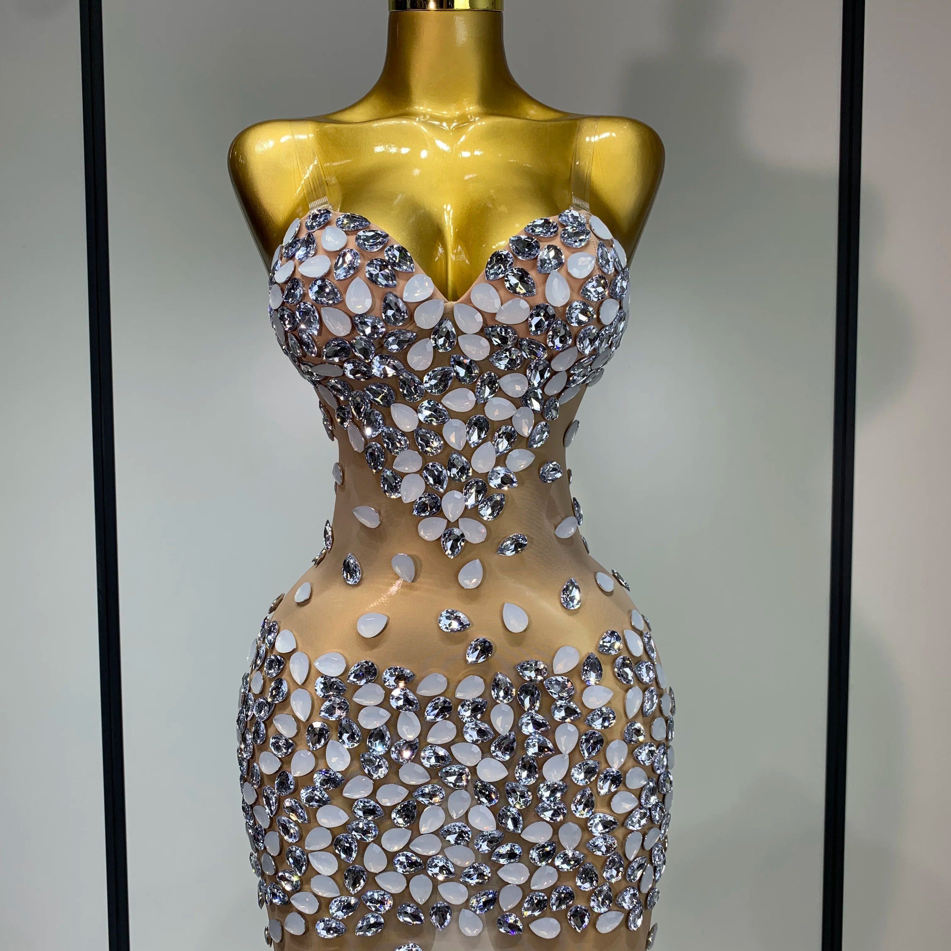 Sexy Sparkly Rhinestone Backless Mini Dress Women Sleeveless Mesh See Through Evening Party Luxury Birthday Gown Stage Outfit