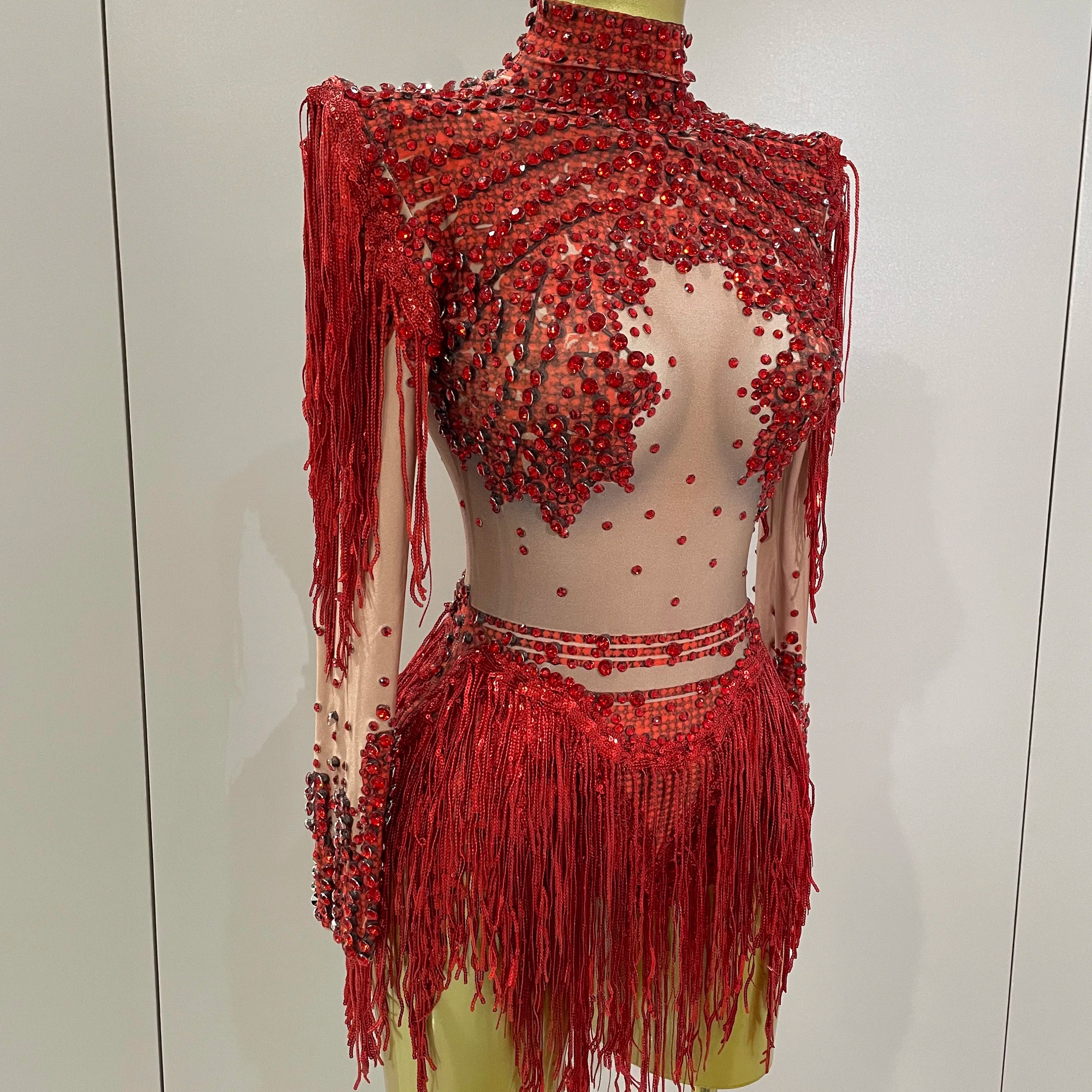 Sparkly Rhinestone Sequin Tassel Stretch Bodysuits 2025 New Arrival Women Birthday Party Nightclub Dj Stage Performance Costume