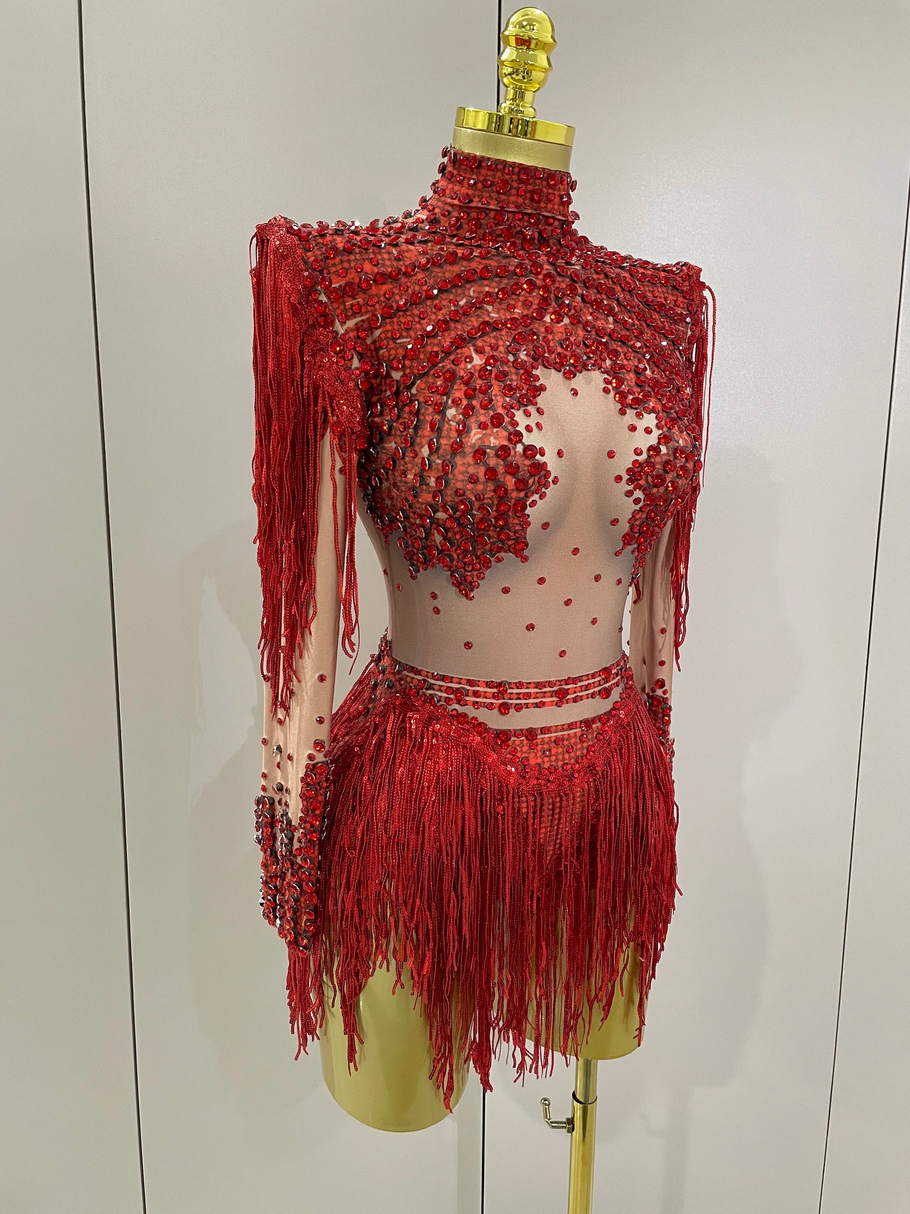 Sparkly Rhinestone Sequin Tassel Stretch Bodysuits 2025 New Arrival Women Birthday Party Nightclub Dj Stage Performance Costume