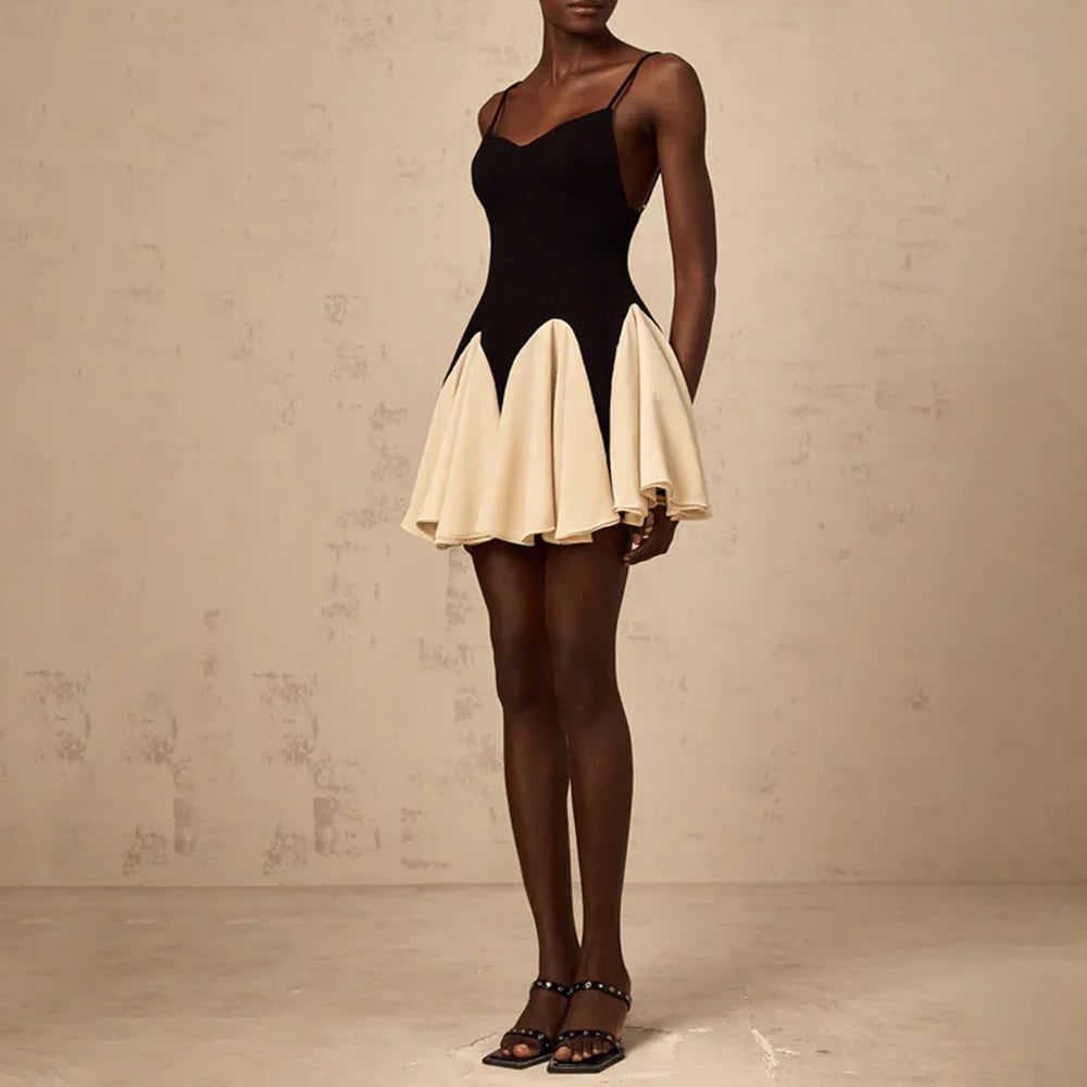 Hit Color Temperament Dresses for Women Square Neck Sleeveless Patchwork Ruffles Minimalism Dress Female Clothing