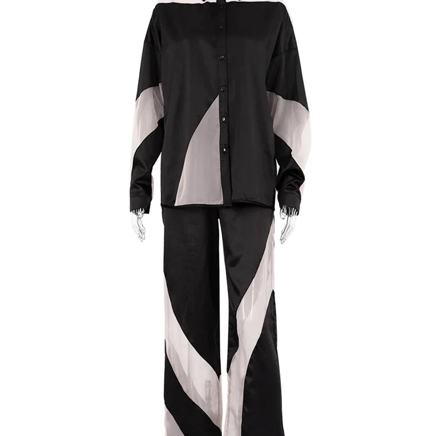 Clacive Elegant Women'S Sets Fashion Loose Spliced High Waist Pants Set Casual Long Sleeve Shirts 2 Piece Sets Women Outfit 2023