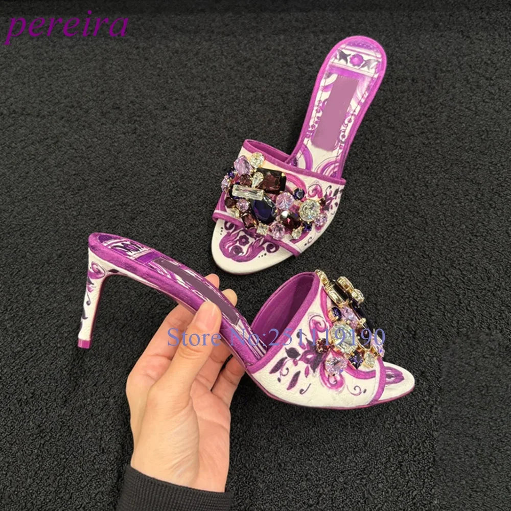 Purple Floral Mule Sandals Open Toe Gemstone Slippers Women Luxury Designer Summer Shoes Classic Slip On Pull On Modern Slides