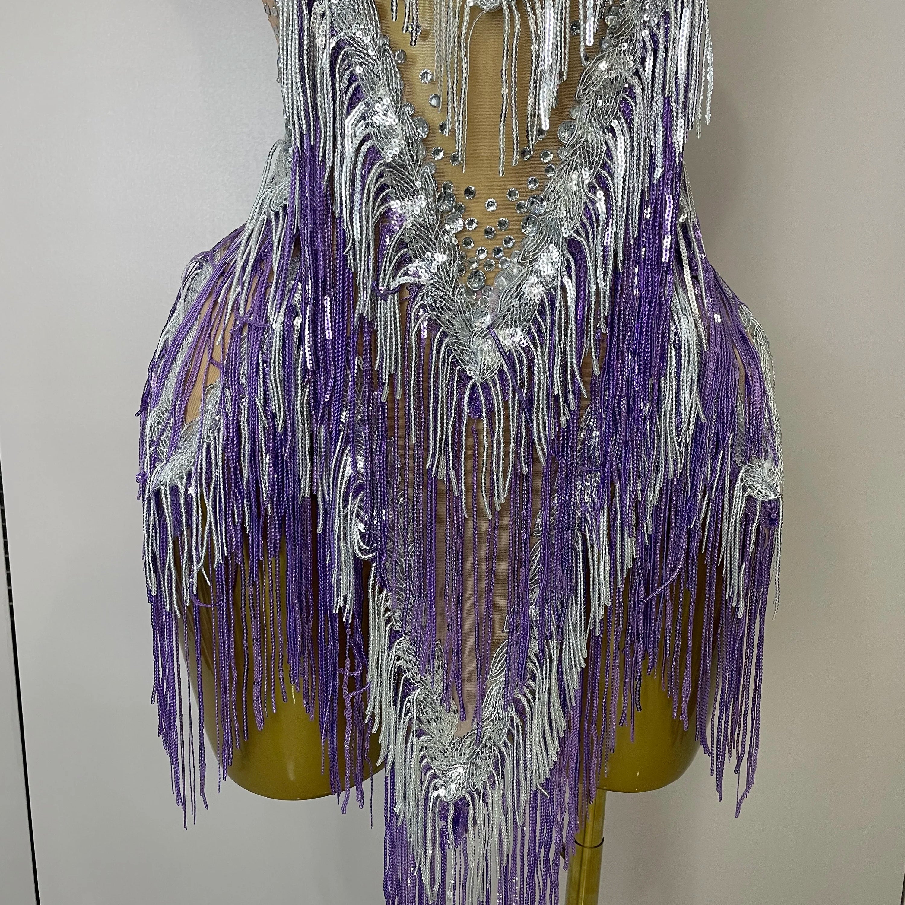 Stock 2025 Women Sexy Stretch Mesh Sparkly Rhinestone Tassels Mini Dress Nightclub Singer Dance Stage Costume Evening Gowns