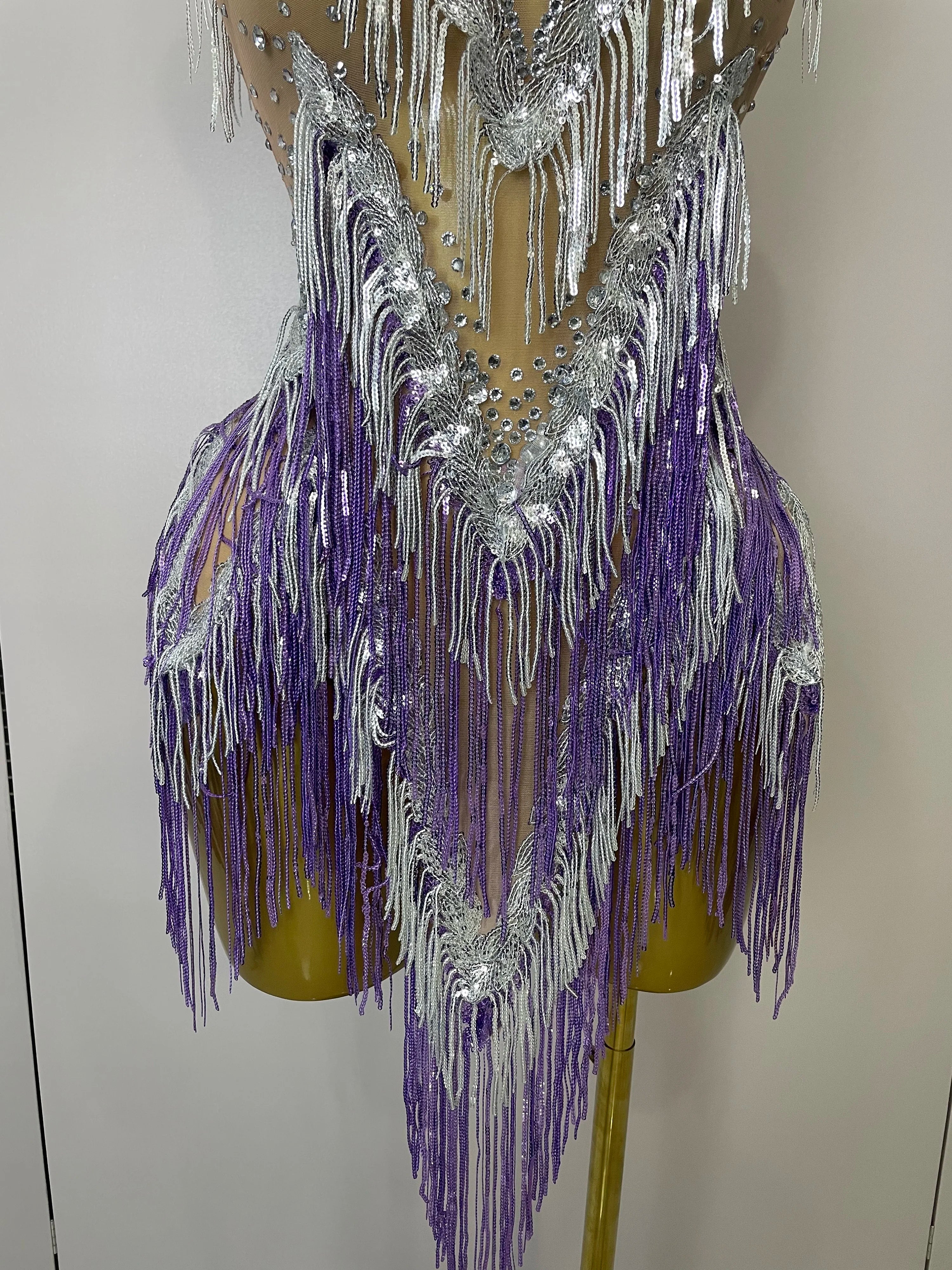 Stock 2025 Women Sexy Stretch Mesh Sparkly Rhinestone Tassels Mini Dress Nightclub Singer Dance Stage Costume Evening Gowns