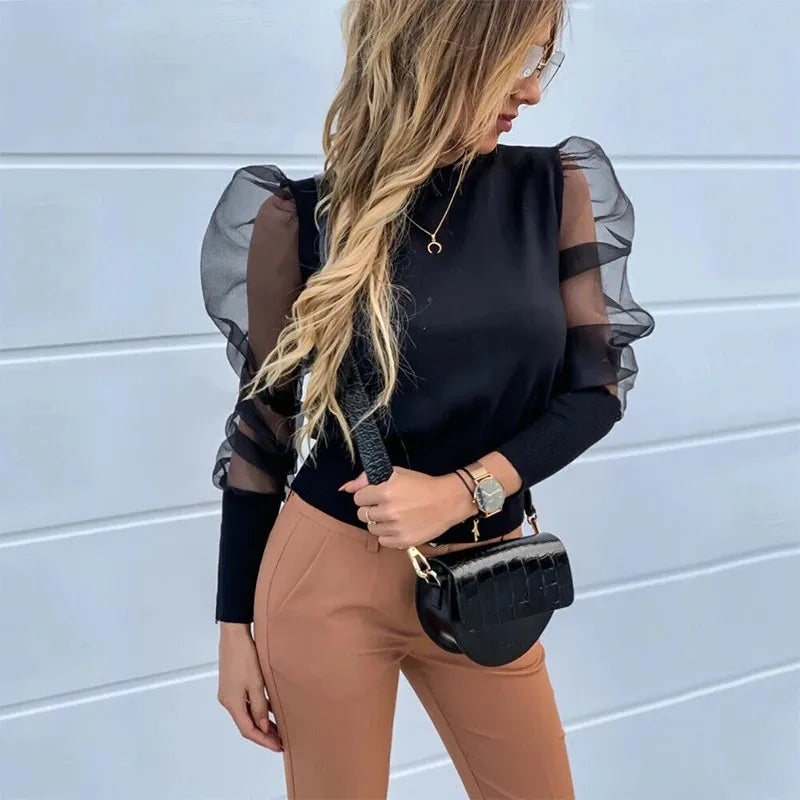 Lady Embroidery Lantern Sheer Mesh Sleeve Blouse shirts Women Autumn Polka Dot Print Blusa pullovers Elegant see through tops