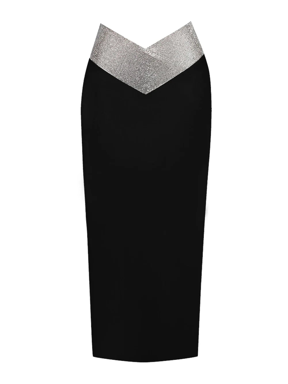 Saia midi bandagem justa branca e preta com cristais e diamantes, saia lápis de cintura alta para festa e boate, 77 cm