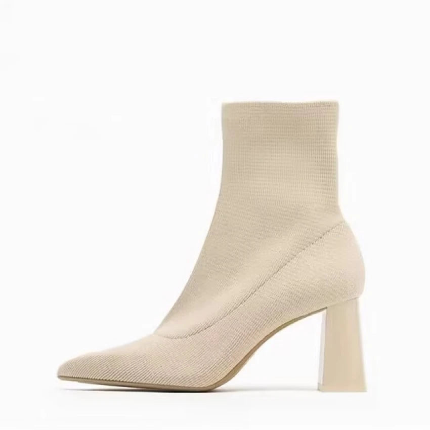 Fashion knitting Women Ankle Elastic Boots Shoes Footwear Female High Heels Pointed Toe Ladies Short Stretch Boots Shoes TLX-Z beige