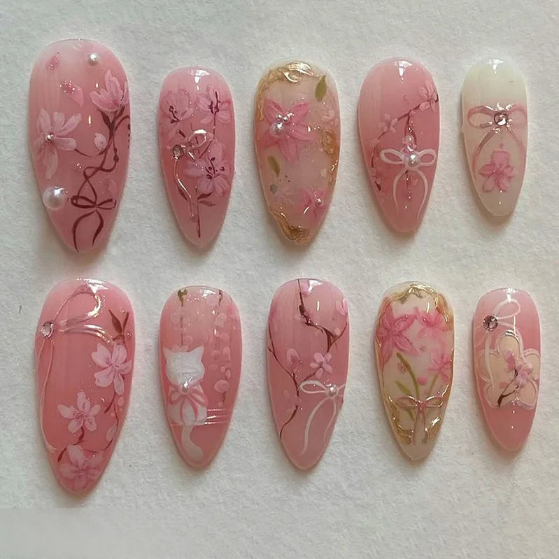 24pcs Sweet Cool Press on Nails with Red Flower Print Y2k False Nails for Girl Wearable Detachable French Almond Fake Nail Tips