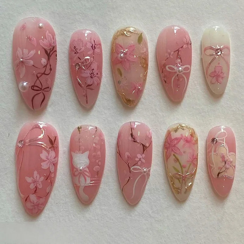 24pcs Sweet Cool Press on Nails with Red Flower Print Y2k False Nails for Girl Wearable Detachable French Almond Fake Nail Tips