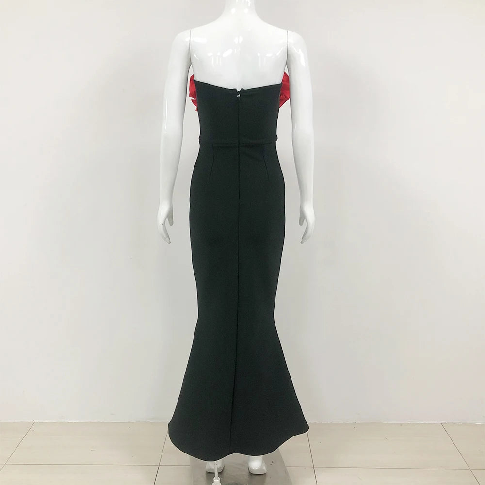 New Arrival Black Red Florals Sexy Strapless Diamond Line Bodycon Bandage Long Dress Fashion Celebrate Nightclub Party Wear