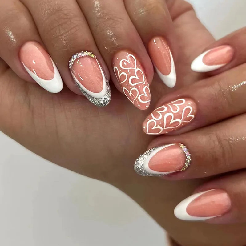 24Pcs Short Round Fake Nails with Gilding Flower Design Wearable Almond False Nails Tips Golden Lines Detachable Press on Nails
