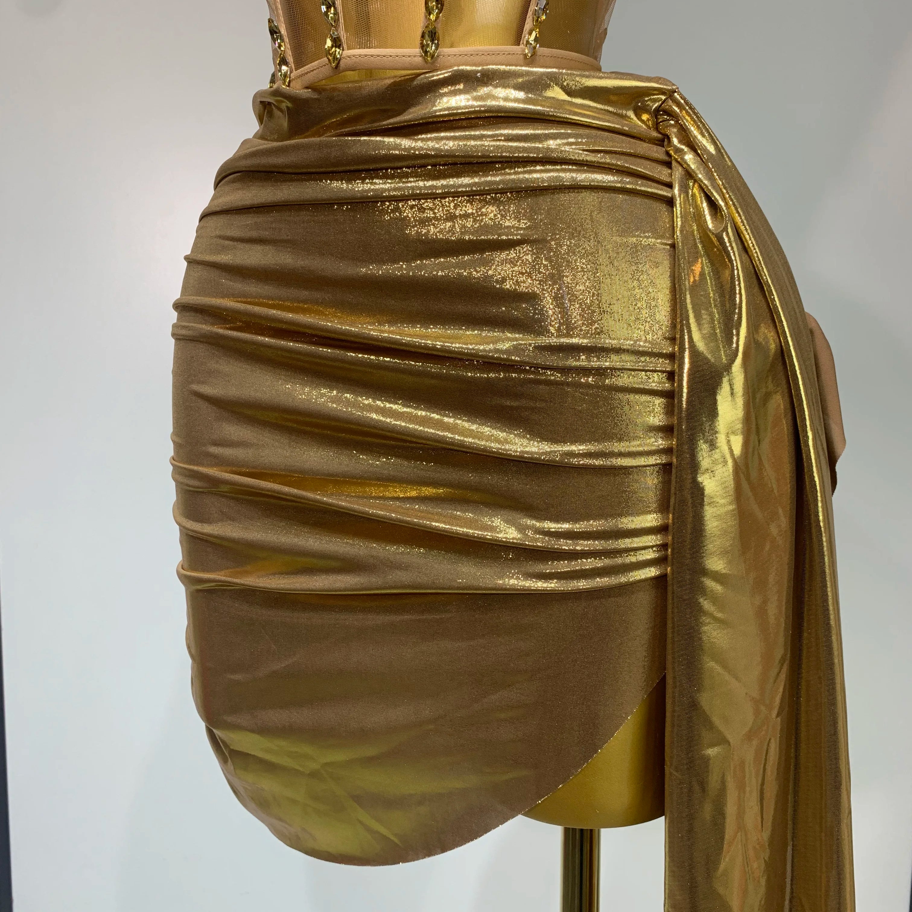 Women Sexy Strapless Sequins Rhinestone Gold Dress Glitter Top Two Pieces Sets Birthday Evening Party Club Singer Stage Outfit