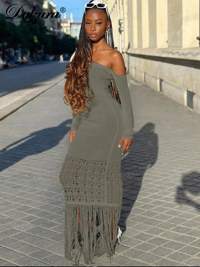 Dulzura Autumn Knitted Tassel Y2K Clothes Long Sleeve Backless Tube Bodycon Maxi Dress For Women 2023 Club Party Elegant Outfits
