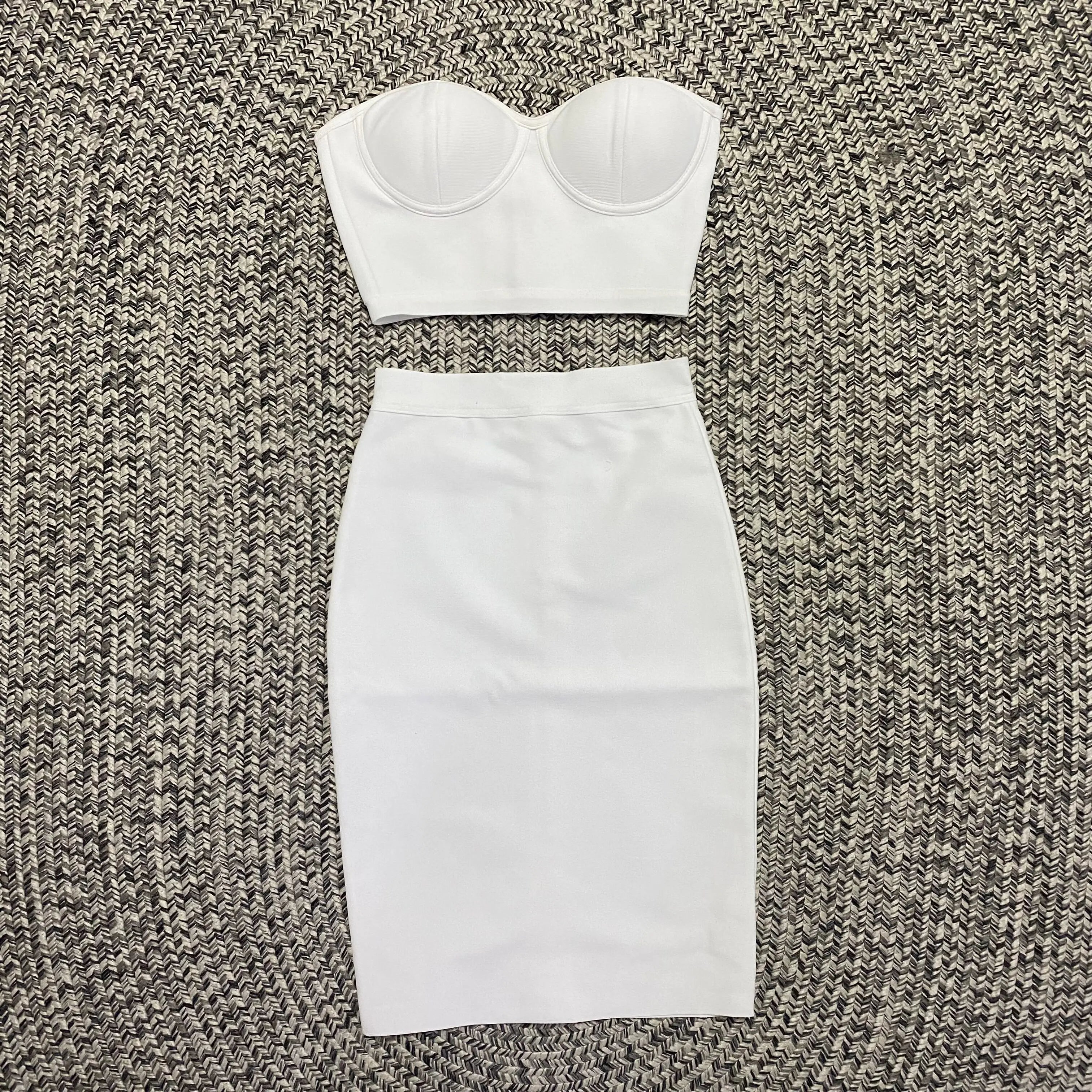 Top Quality Purple Celebrity Two Pieces Set Strapless Knee Length Rayon Bandage Dress Cocktail Party Dress Vestidos WHITE