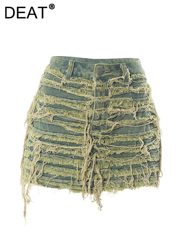Women's Denim Skirt Do Old Solid Color Burrs Tassel Slim High Waist Short A-line Mini Skirt Autumn Fashion