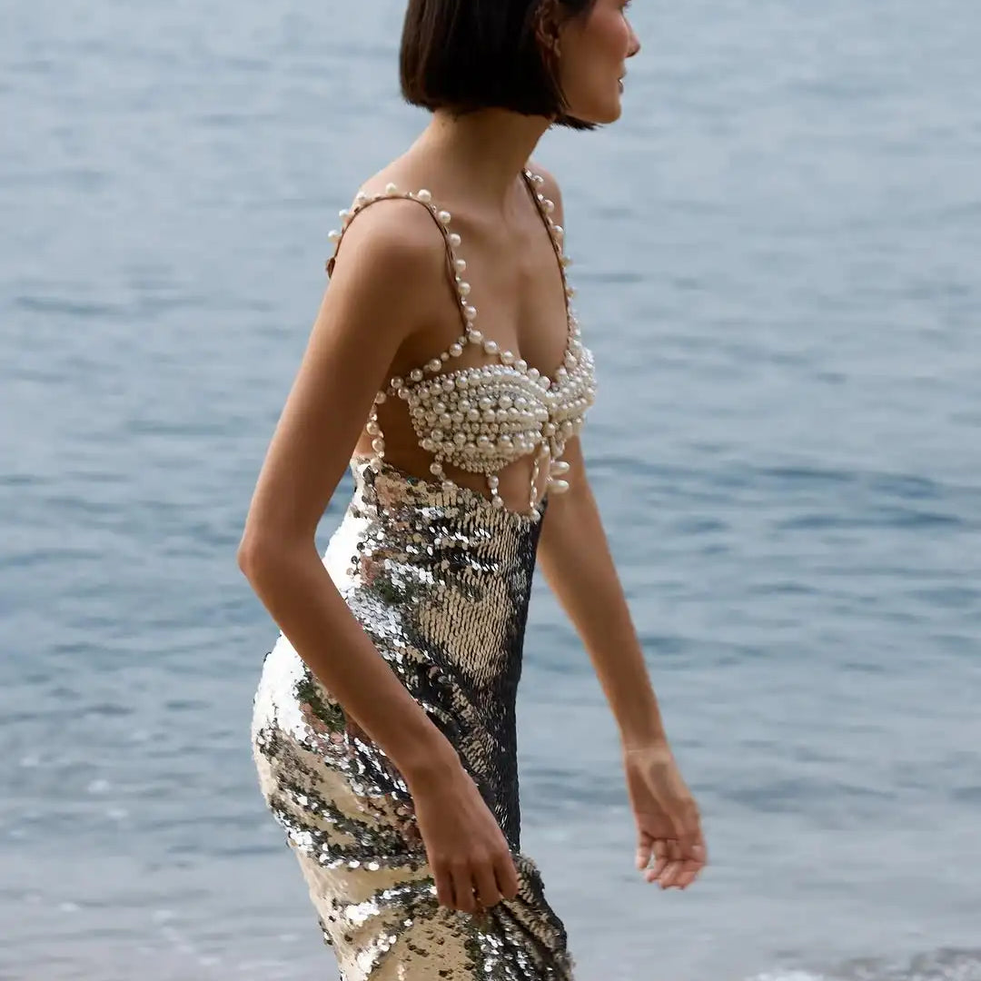 Fashionable Haute Couture  Woman Evening Dress  Pearl Sliver Sequins Spaghetti Strap Long Dress  Celebrity Birthday Party Outfit