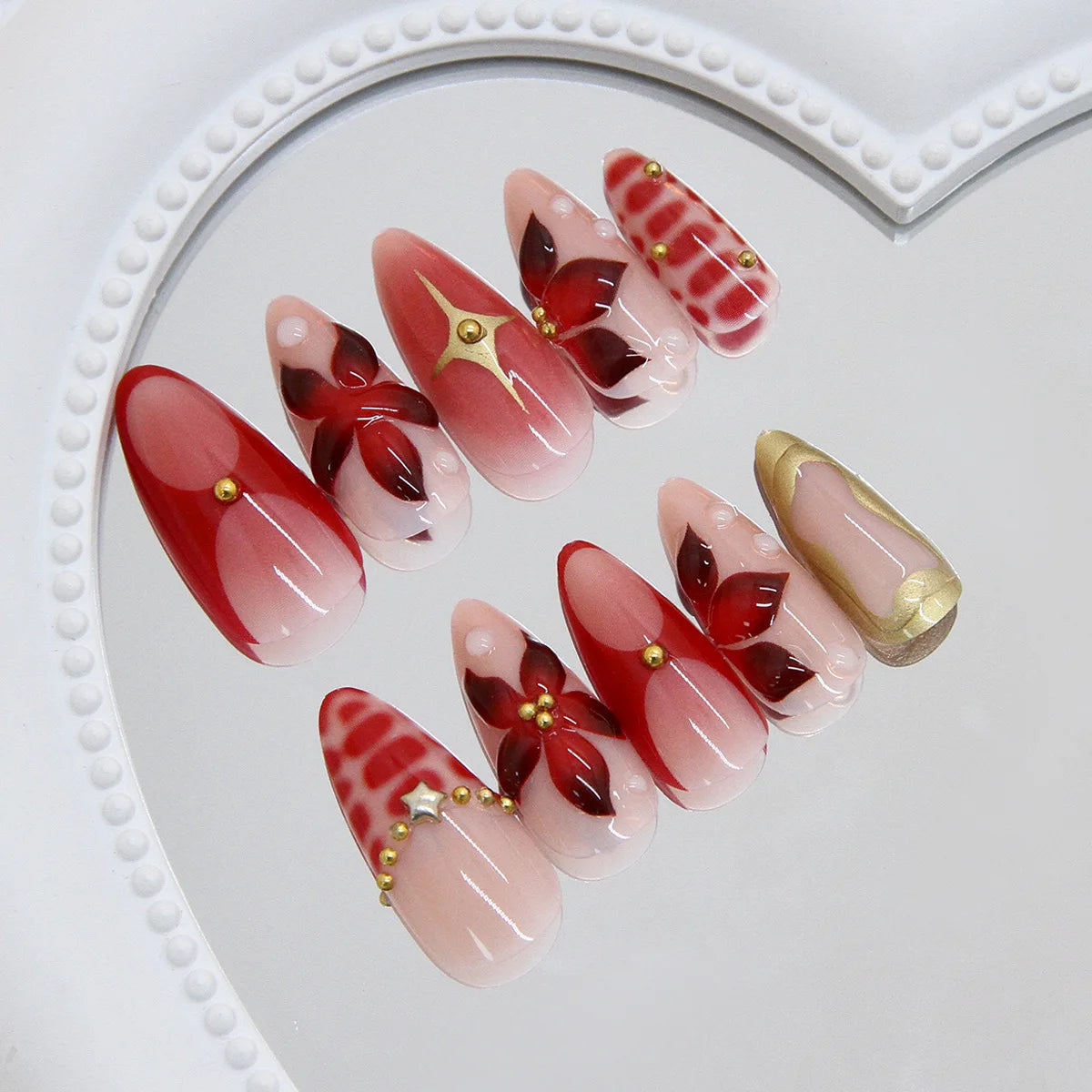 24pcs Sweet Cool Press on Nails with Red Flower Print Y2k False Nails for Girl Wearable Detachable French Almond Fake Nail Tips