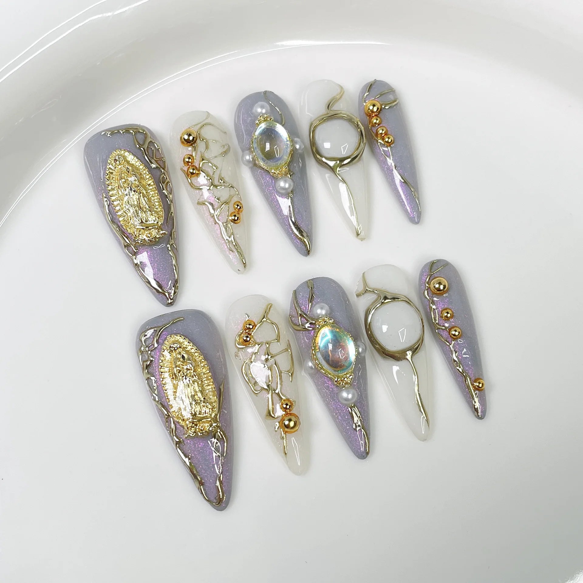 10pcs long stiletto handmade false nail sets pink Smudge almond nails tips flower diamond fake nail art French press on nails