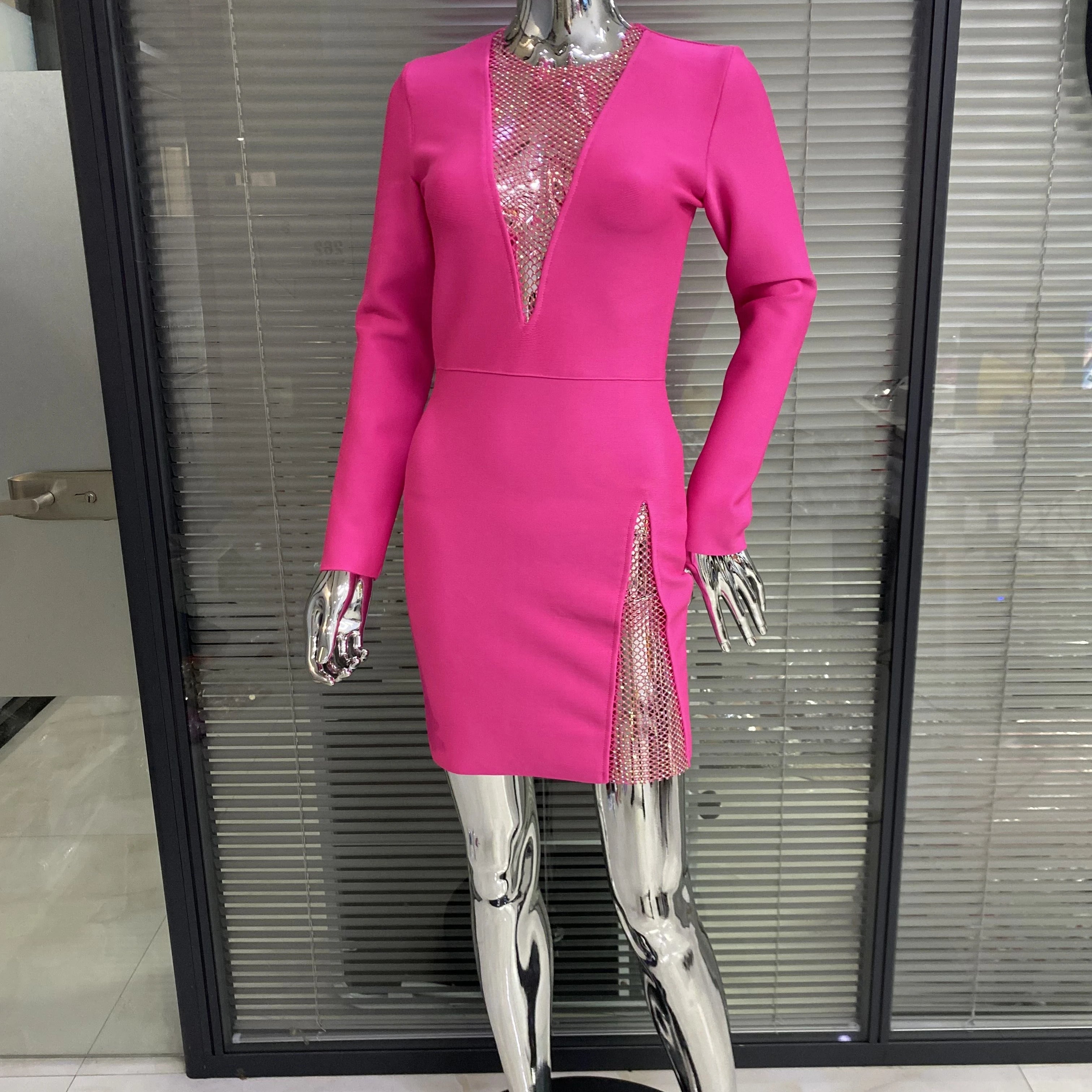 Winter Women Black Beading Long Sleeve Rayon Bandage Sexy Hollow Out Mini Club Celebrity Runway Party Dress