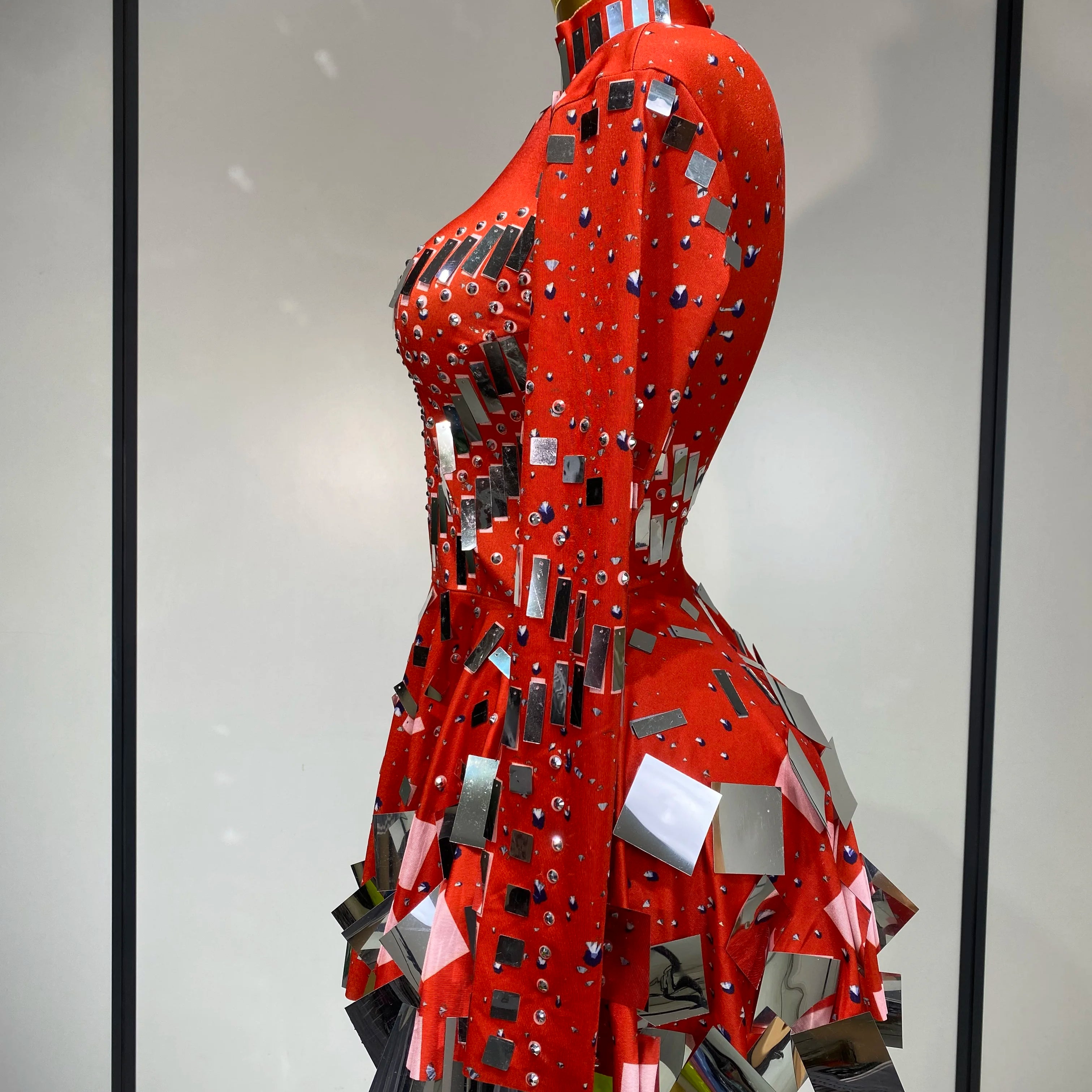 Women Sexy High Elastic A-Line Long Sleeve Dress Performance Costume Sparkly Nightclub Evening Party Hotwife Stage Outfit