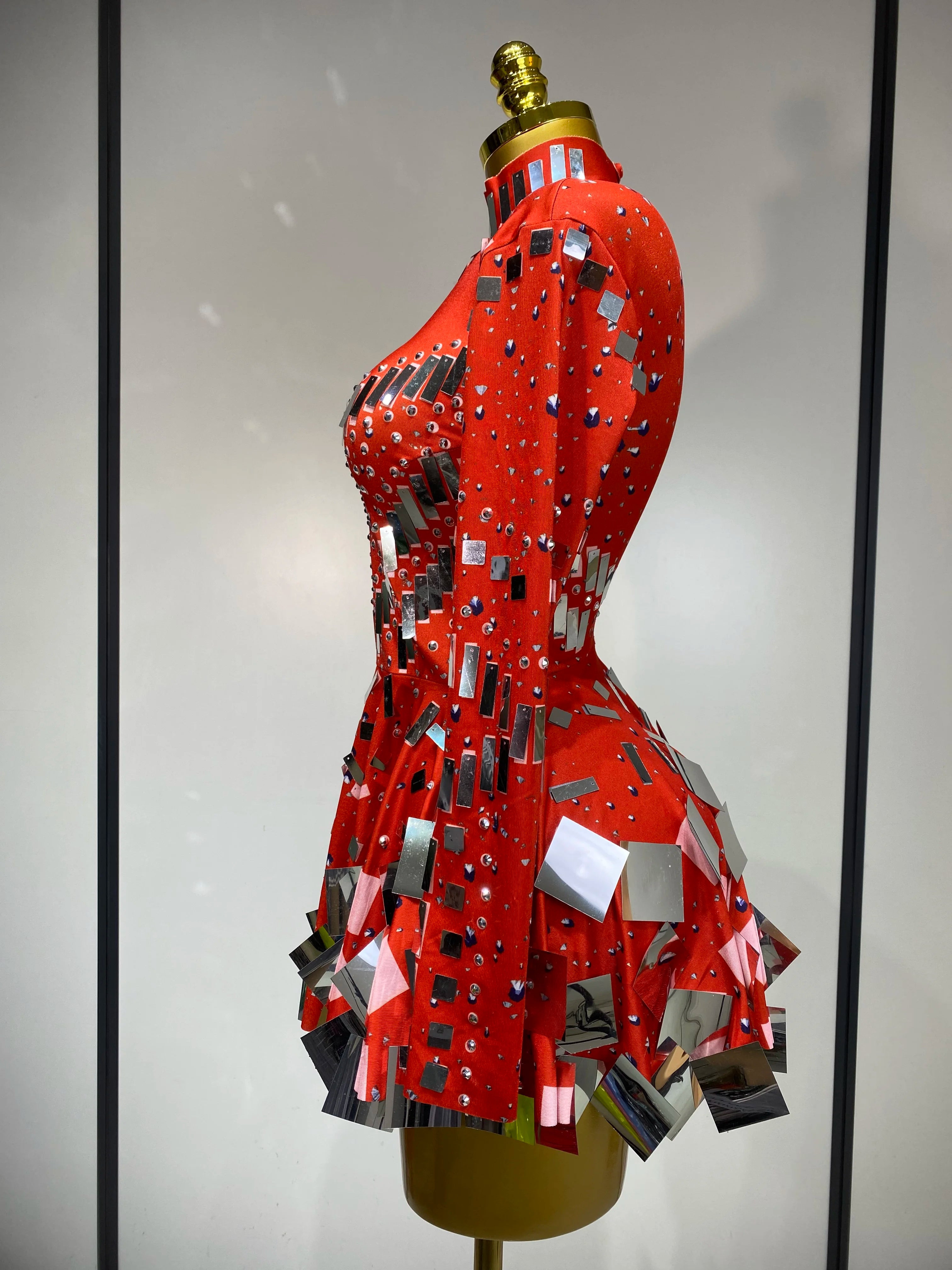 Women Sexy High Elastic A-Line Long Sleeve Dress Performance Costume Sparkly Nightclub Evening Party Hotwife Stage Outfit