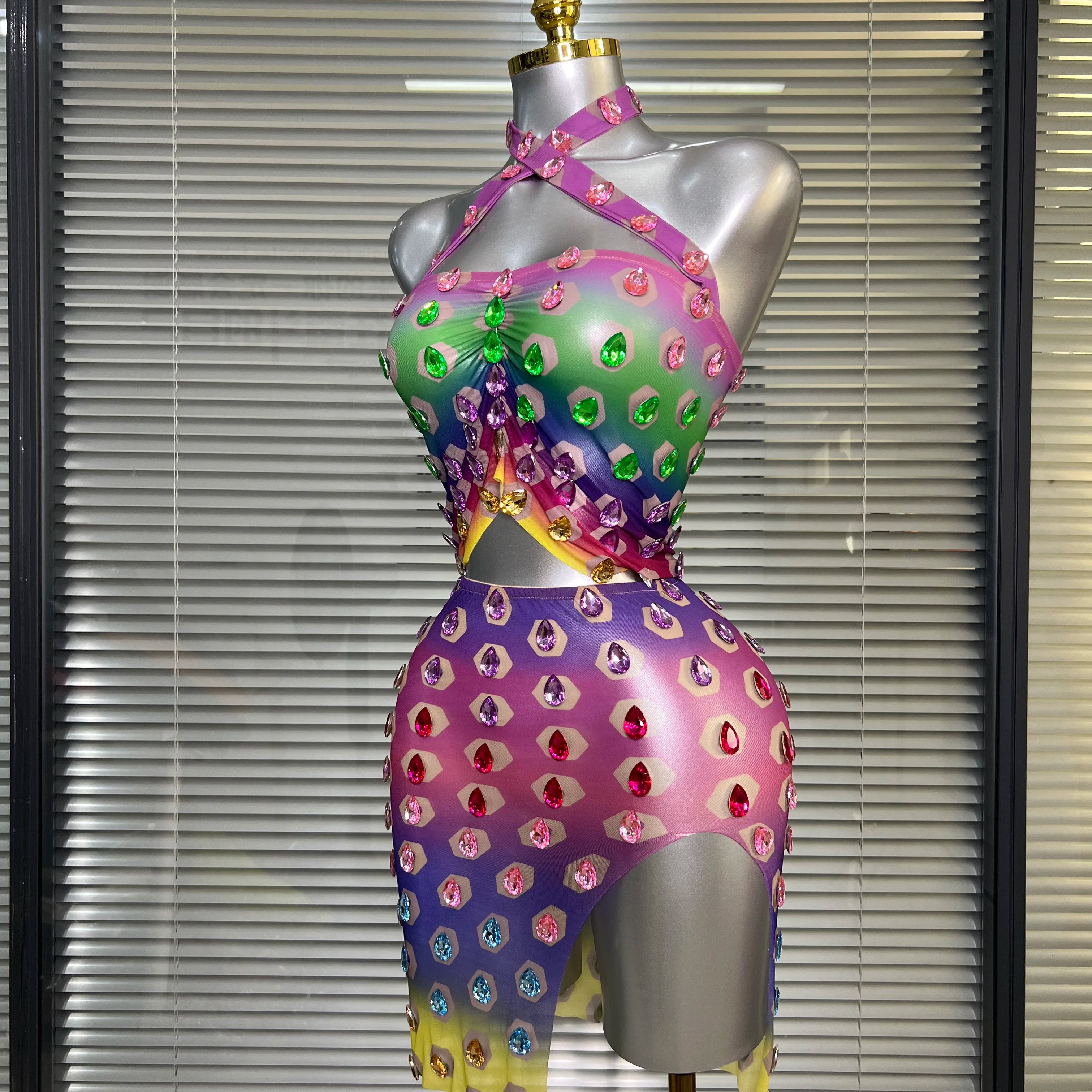 Women Sexy Two Pieces Set Women Crystal Diamond Night Club Halter Skirt Suits Singer Dancer See Through Stretchy Stage Costume