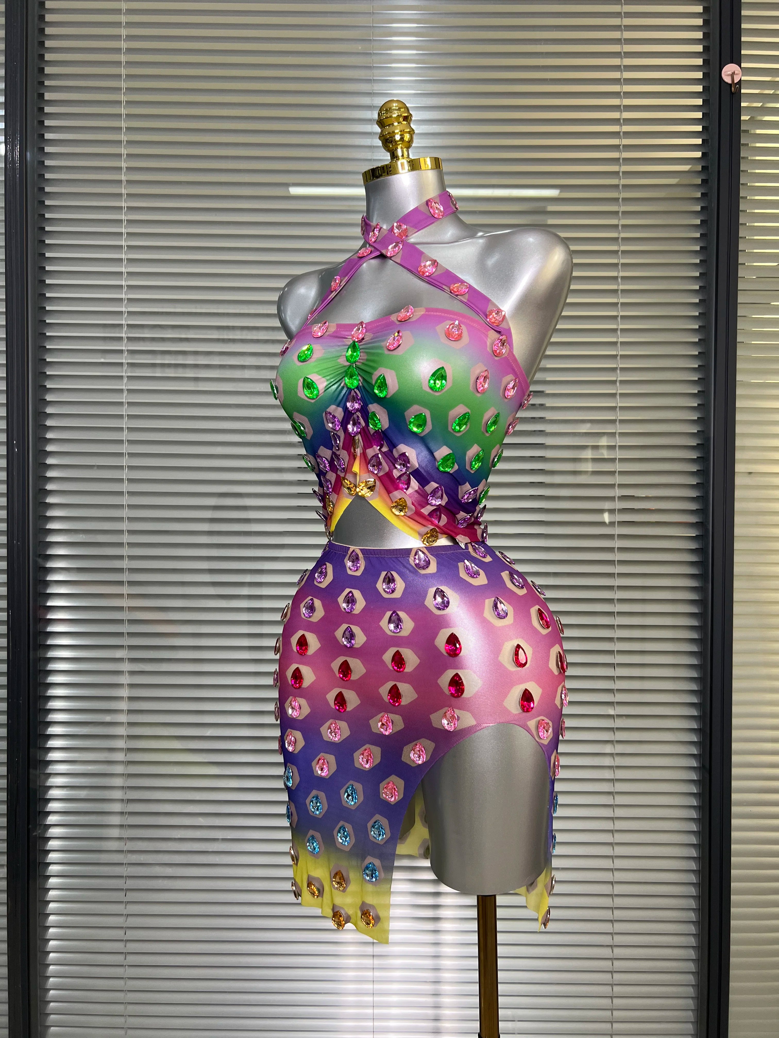 Women Sexy Two Pieces Set Women Crystal Diamond Night Club Halter Skirt Suits Singer Dancer See Through Stretchy Stage Costume