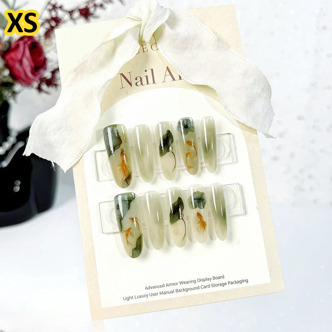 10Pcs Oriental-Themed Press-On Nails with Lotus Leaf,Koi Fish,Bamboo Patterns Crescent Moon Designs Nail Tips for Women&Girls