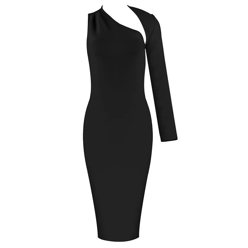 Woman Autumn Backless One Shoulder Sleeve Irregular Sexy Hollow Bandage Slim Long Sleeve Dresses black