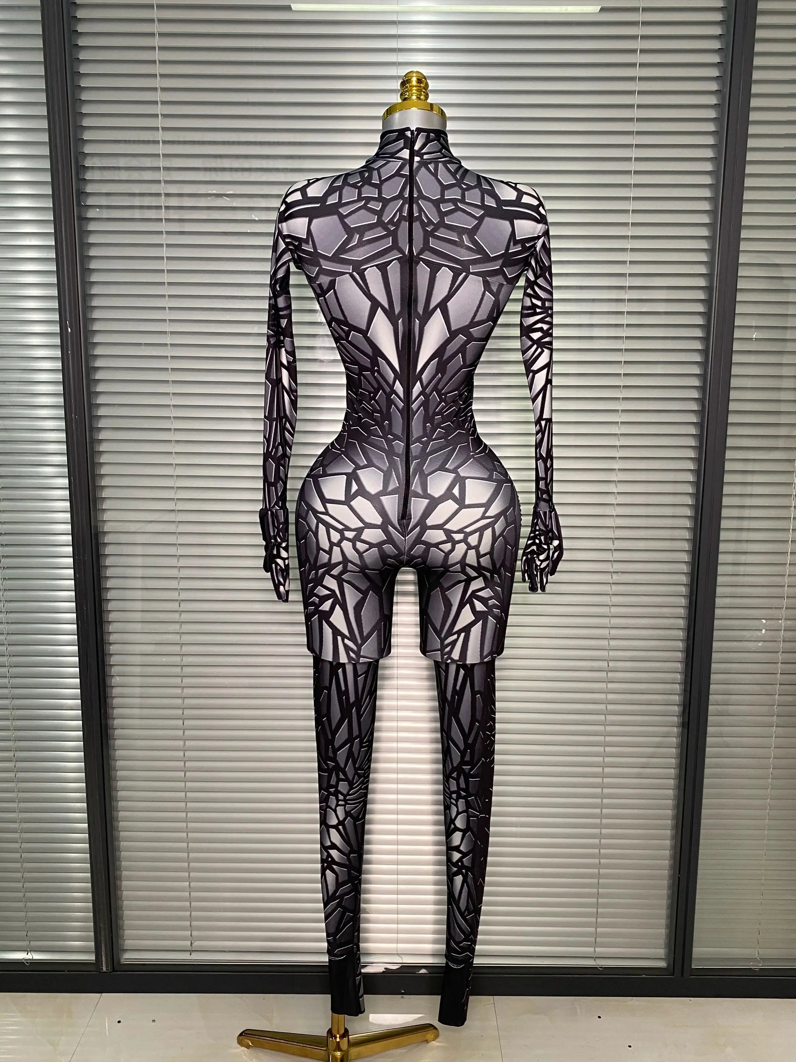 Women Sexy Black Y2K Crystal Jumpsuit Celebrity Designer Stretchy Mesh Singer Dancer Stage Night Club Rompers