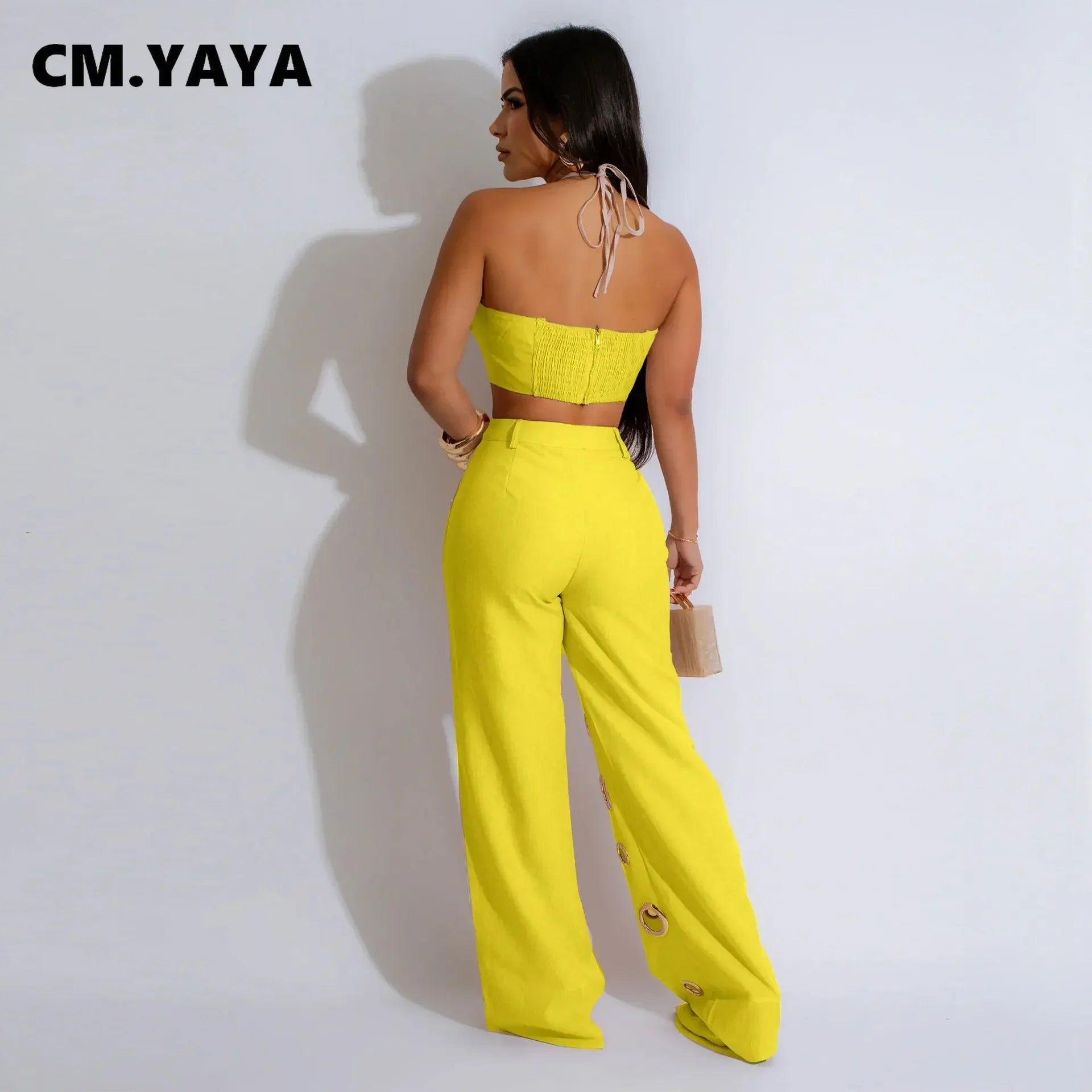 CM.YAYA Women Set Sleeveless Strapless Tops +Wide Leg Pants Two 2 Piece Set Hole Hollow Out Outfit Summer Sexy Street Tracksuit