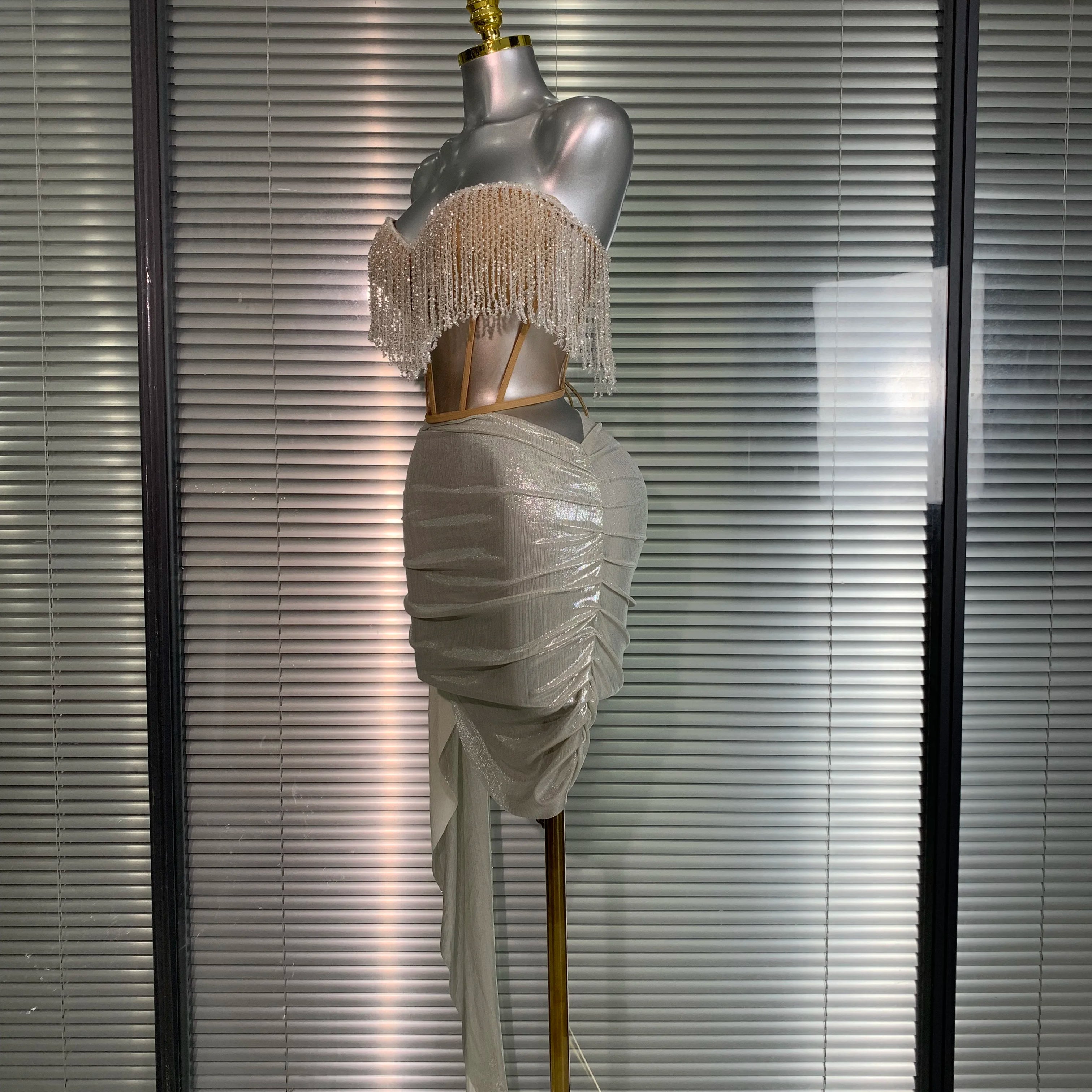 New Women Sexy Tassel Two Pieces Set Sparkly Night Club Skirt Suits Singer Dancer Stage Performance Costume