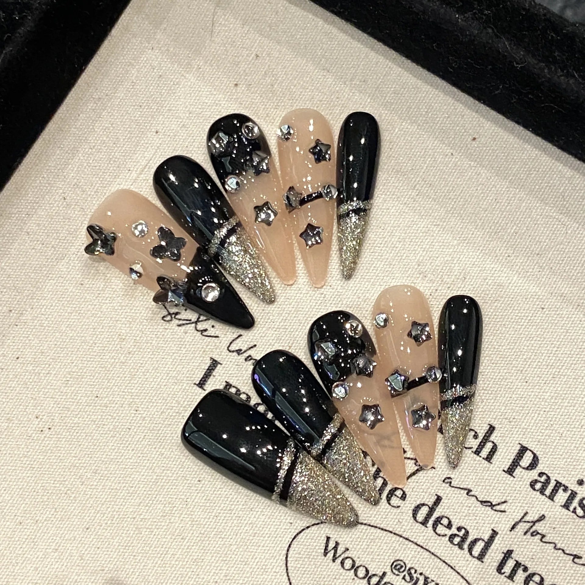10Pcs False Nails with Rhinestone Cat Eye Press on Nails with Tool Glitter French Fake Nails Handmade Almond Full Cover Nail Art