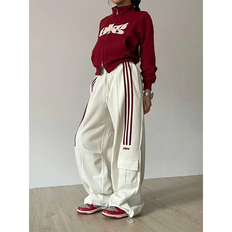 American Retro Lazy Style Wide Leg Pants Women Solid Stripes Elastic High Waist Drawstring Loose Casual Straight Sports Trousers