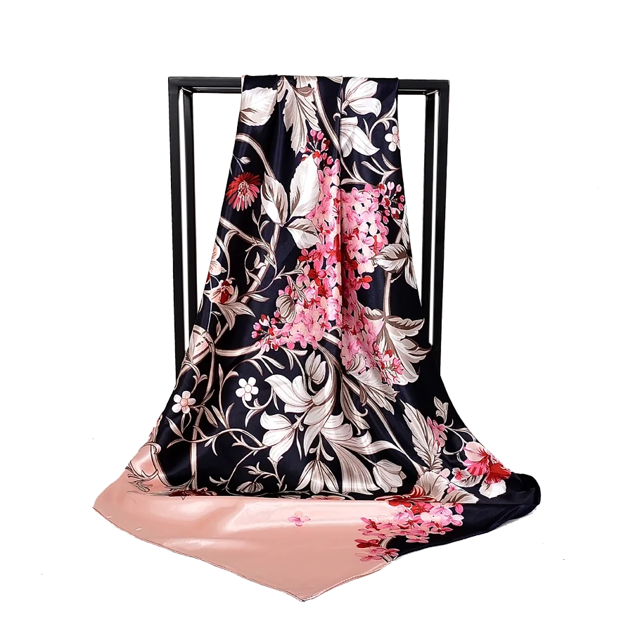 Ladies Green Coffee Square Scarves Printed Women Elegant Satin Large Silk Scarf Shawl 90*90cm Winter Neck Head Scarf pink floral