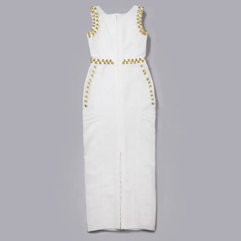 2023 New Women Sexy Diamond Embellished Bodycon Long Bandage Dress Elegant Rayon Backless Sleeveless Party Dress