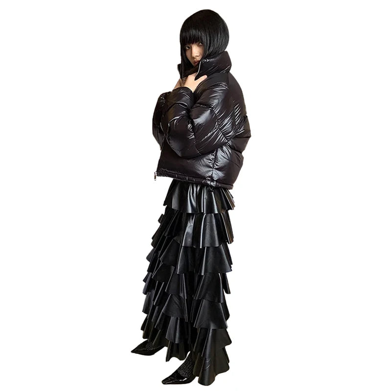 Spring Autumn Black Pu Leather Midi Tiered Skirt Women with Elastic High Waist Long Elegant Luxury Designer Clothes Black