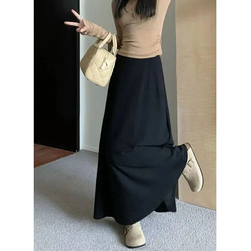 Lucyever Vintage Gray Knitted Midi Skirts Women 2023 New High Waist Slimming A-Line Skirt Woman Elegant Solid Droop Long Skirts black One Size