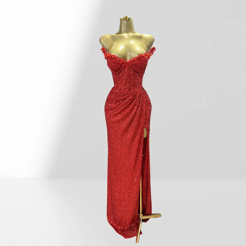Haute Couture Red Sequins Sexy Off The Shoulder High Split Ankle Lenght Dress Woman Birthday Party Dress Celebrity Patry Outfit