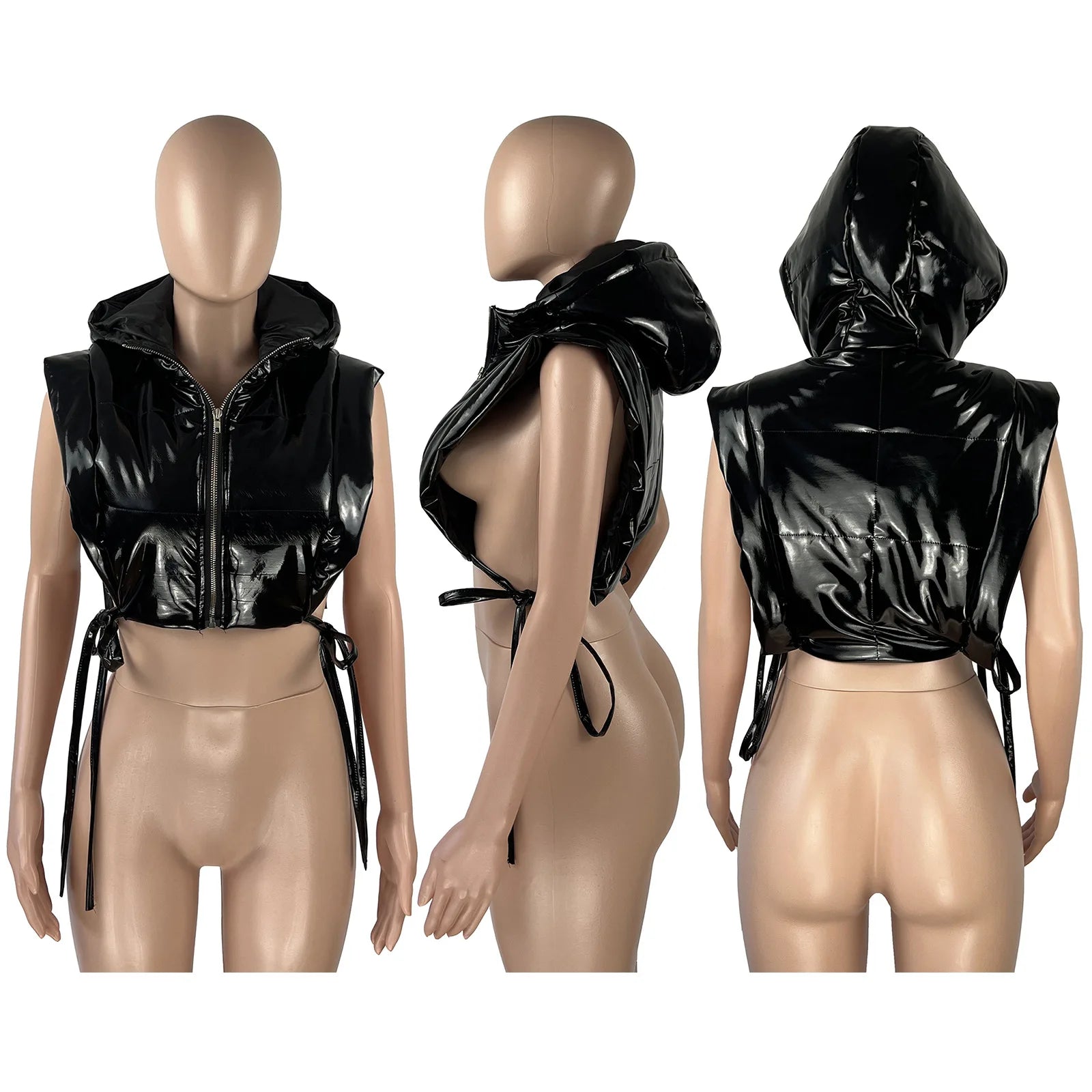 Sexy Side Slit Hooded Puff Jacket Vests Women Bandage Zipper Up Crop Tops Winter Autumn Casual Solid Clothes Streetwear black onesize