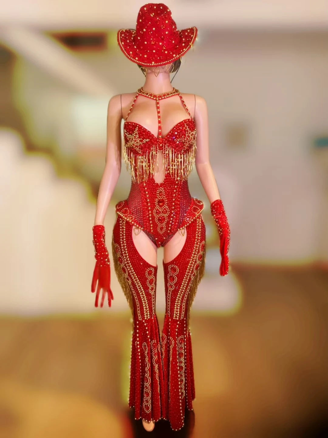 Sparkly Rhinestone Tassel Luxury Bodysuit 4Piece Set Cowboy Night Out Party Outfit Stage Show Jumpsuit Carnival Wear Hongding