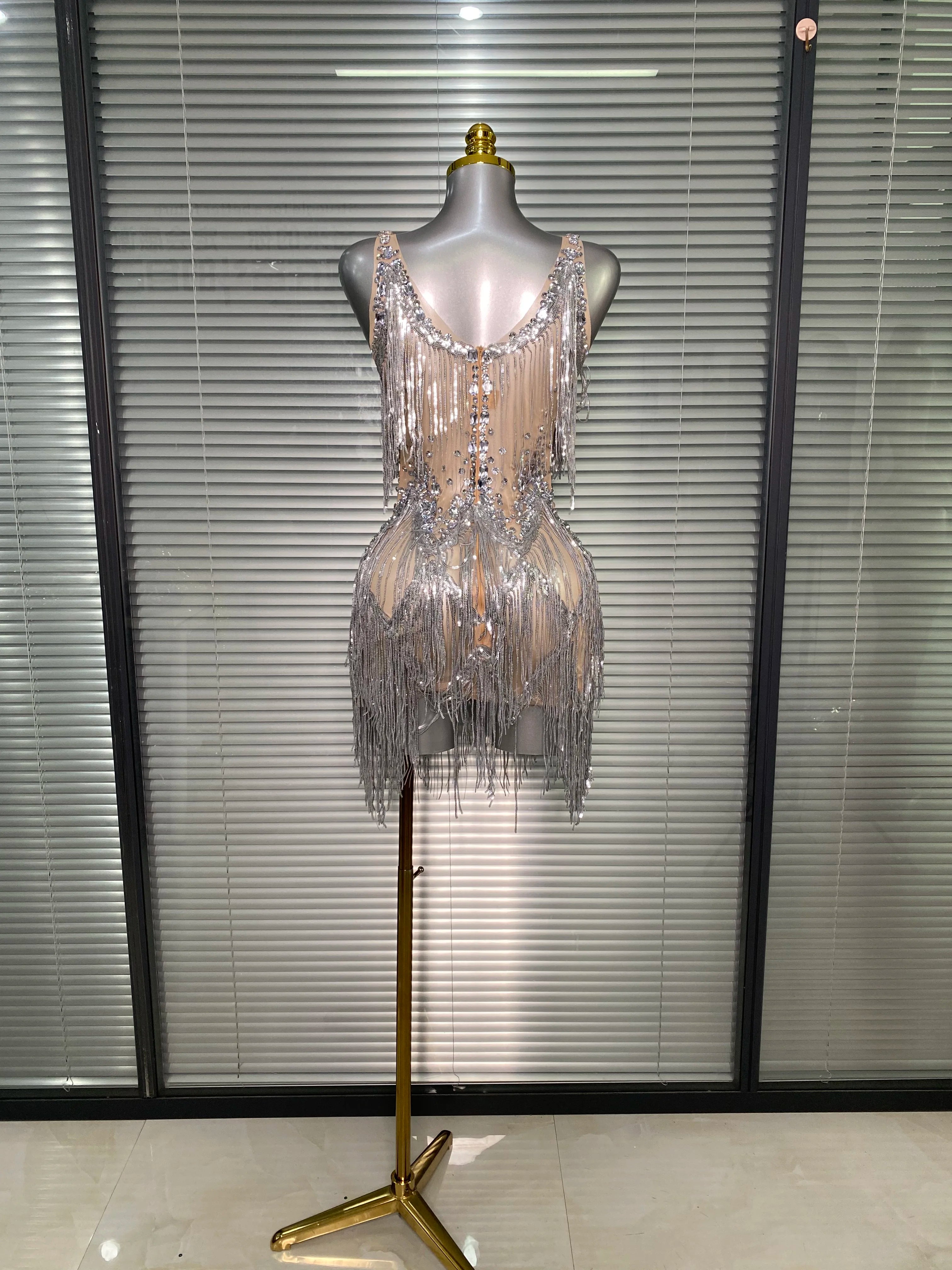 Celebrity New Women Sexy Mesh Sleeveless Stage Performance Costume Crystal Tassel Dancer Singer Night Club Mini Party Dress