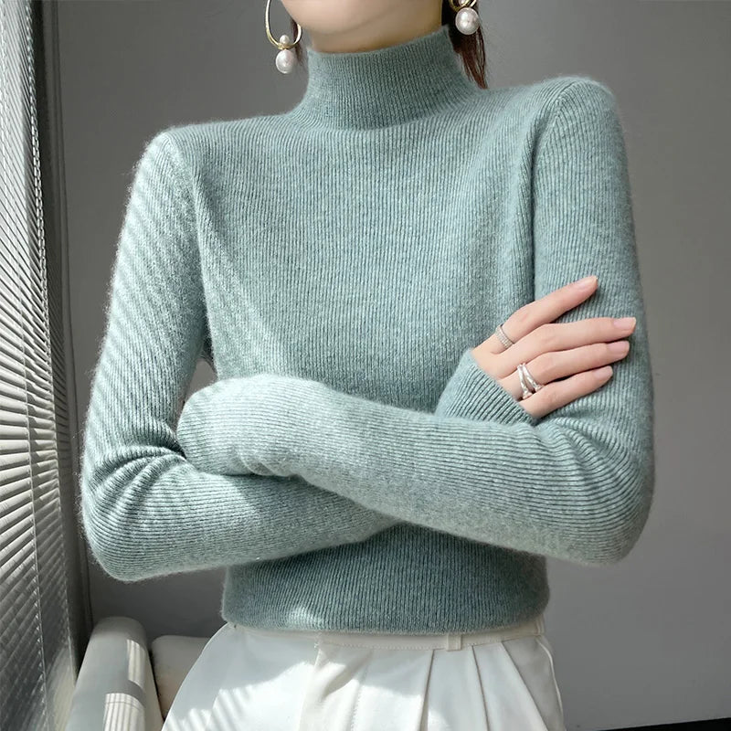 2022 Autumn and Winter Women's Cashmere Sweater Pullover Half Turtleneck Casual Fashion Pure Color High Quality Warmth Comfort Peppermint green