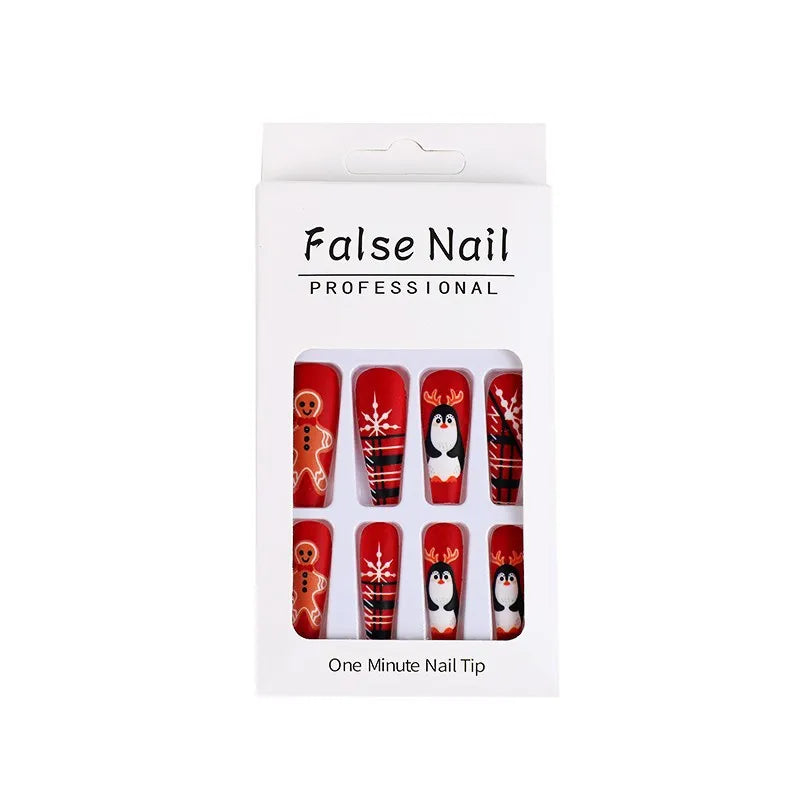 3D fake nails for Christmas party long french coffin tips snowflake christmas tree faux ongles press on acrylic false nail set 823 with box