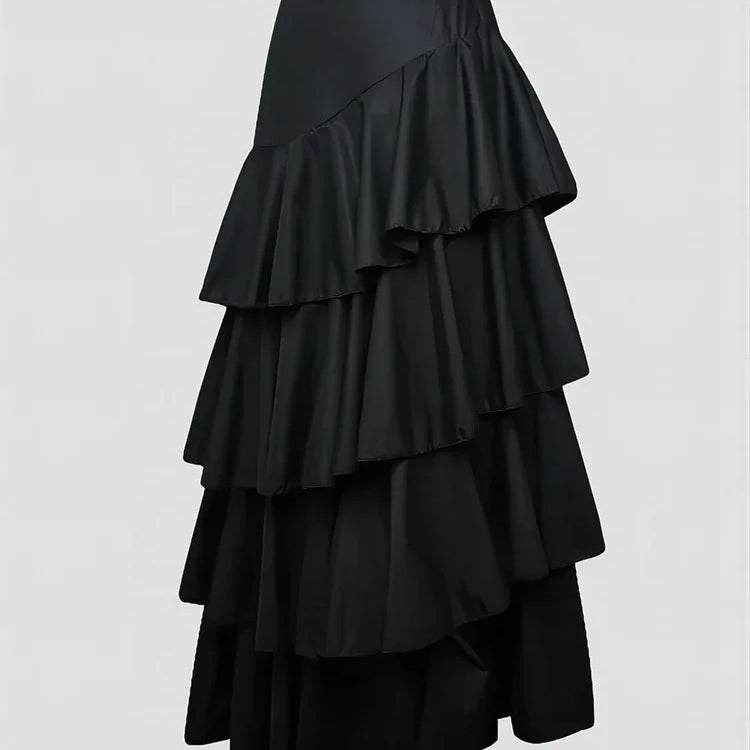 Women's High Waist Layered Ruffle Maxi Cake Skirt Elegant Party Wedding Guest Y2K Solid Vintage Black Solid A Line Skirts