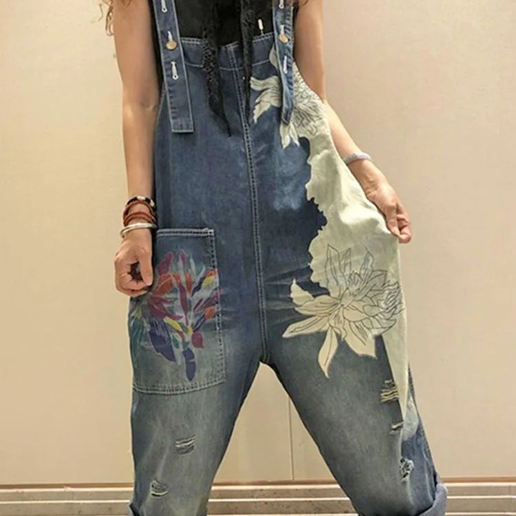 Korean Females Fashion Overalls Ladies Spring Printed Denim Harem Pants Vintage Casual Jeans Womens Loose Vintage Trousers